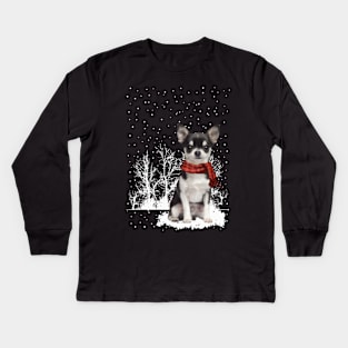 Christmas Chihuahua With Scarf In Winter Forest Kids Long Sleeve T-Shirt